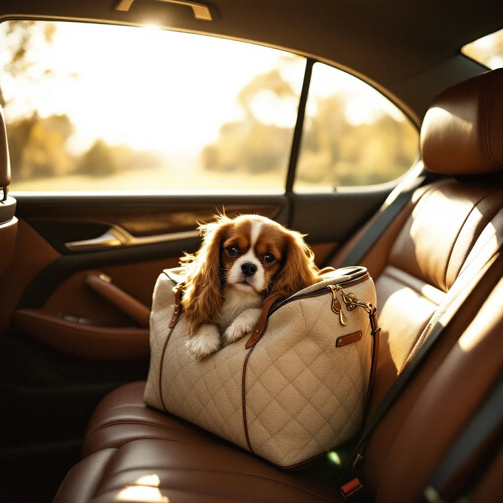The Larkwell Long Weekend Set carrier belted onto a car seat, doubling as a dog booster seat.