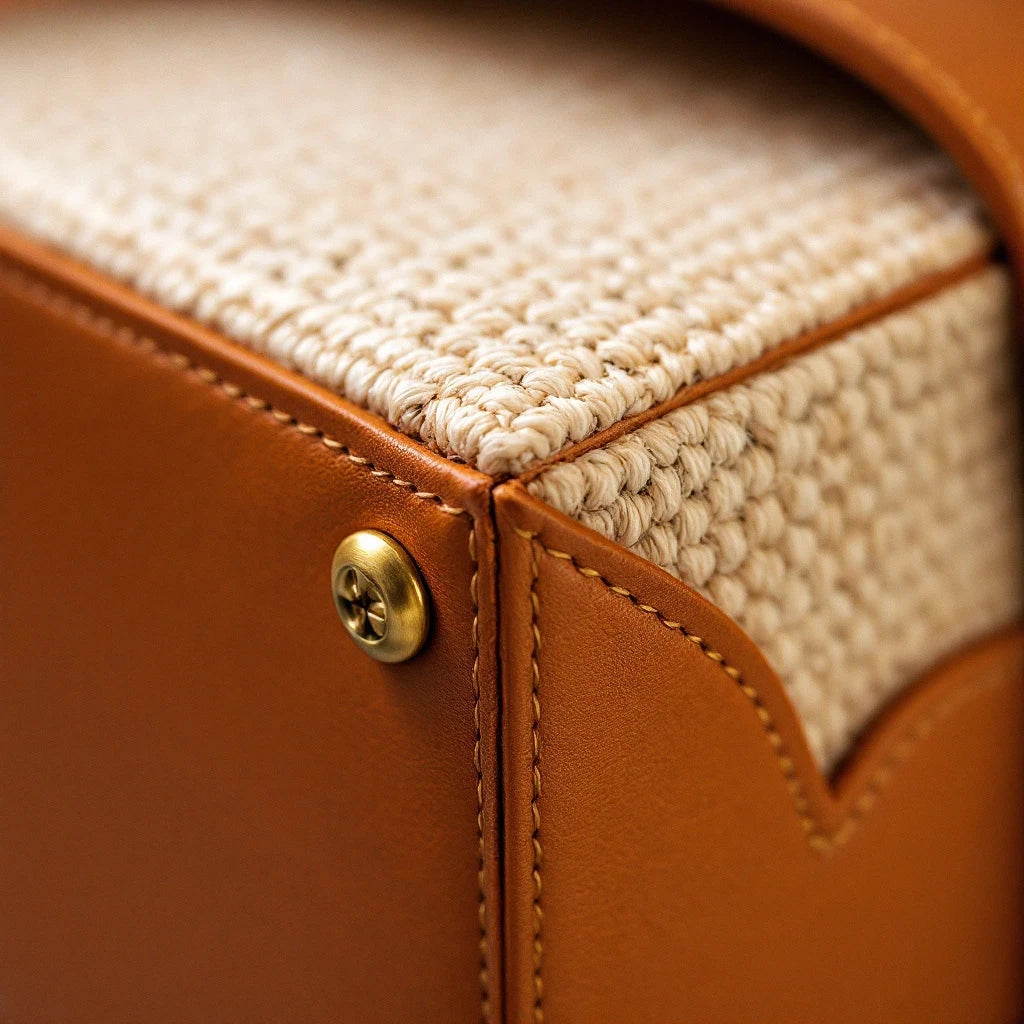Close-up of Larkwell The Voyager dog carrier featuring cream bouclé fabric, chestnut tan leather trim, and brass rivet.