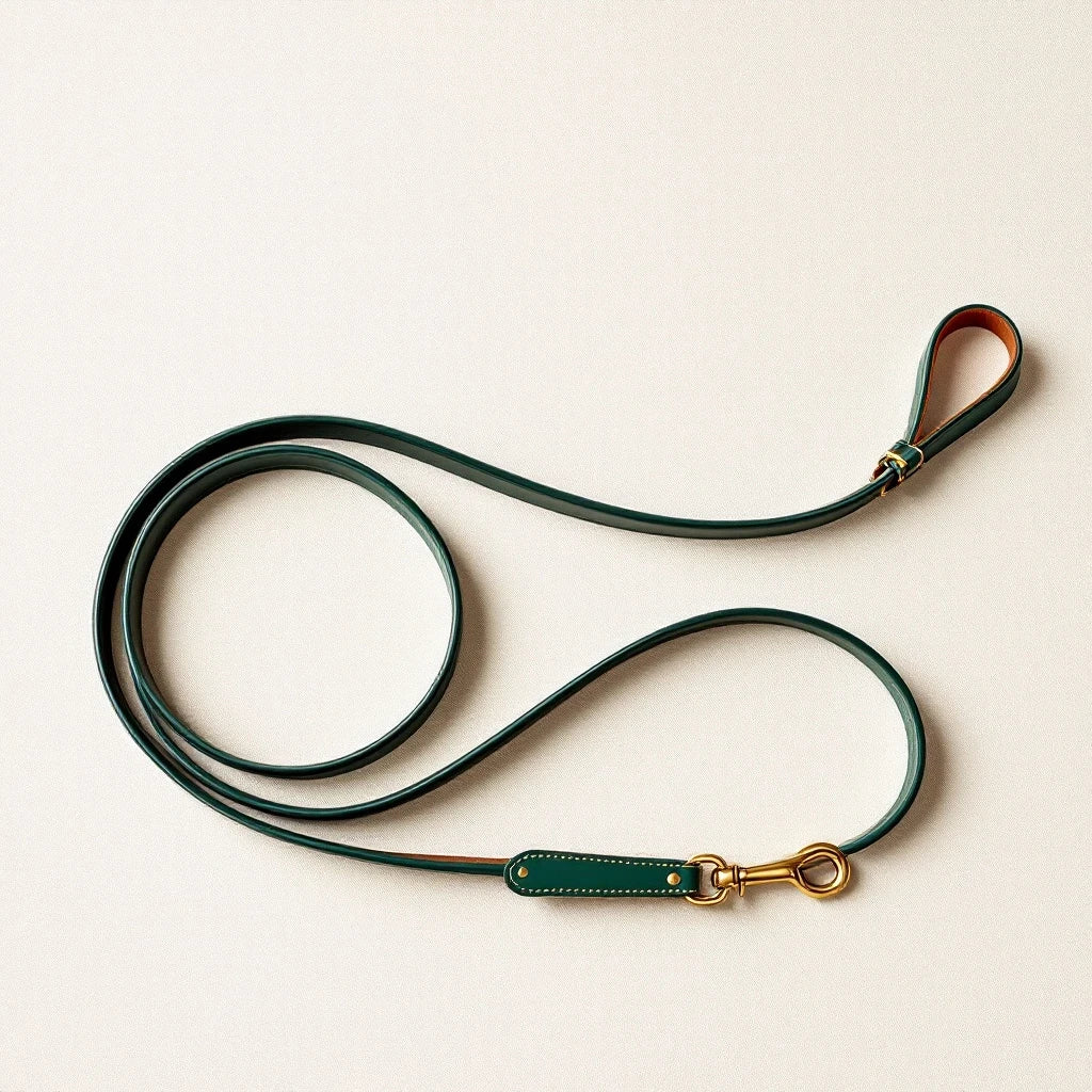 Larkwell The Wander Lead in deep forest green vegetable-tanned leather with solid antique brass swivel snap hook.