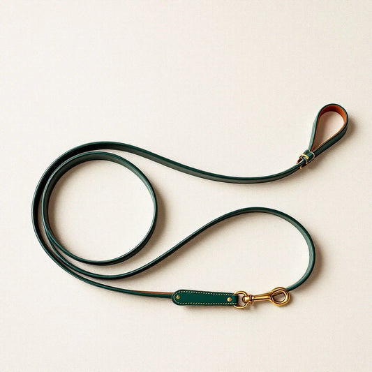 Larkwell The Wander Lead in deep forest green vegetable-tanned leather with solid antique brass swivel snap hook.