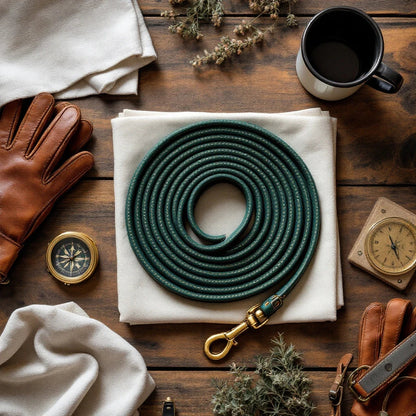 The Larkwell Wander Lead coiled on an oak table with leather walking gloves, a brass compass and an enamel mug.