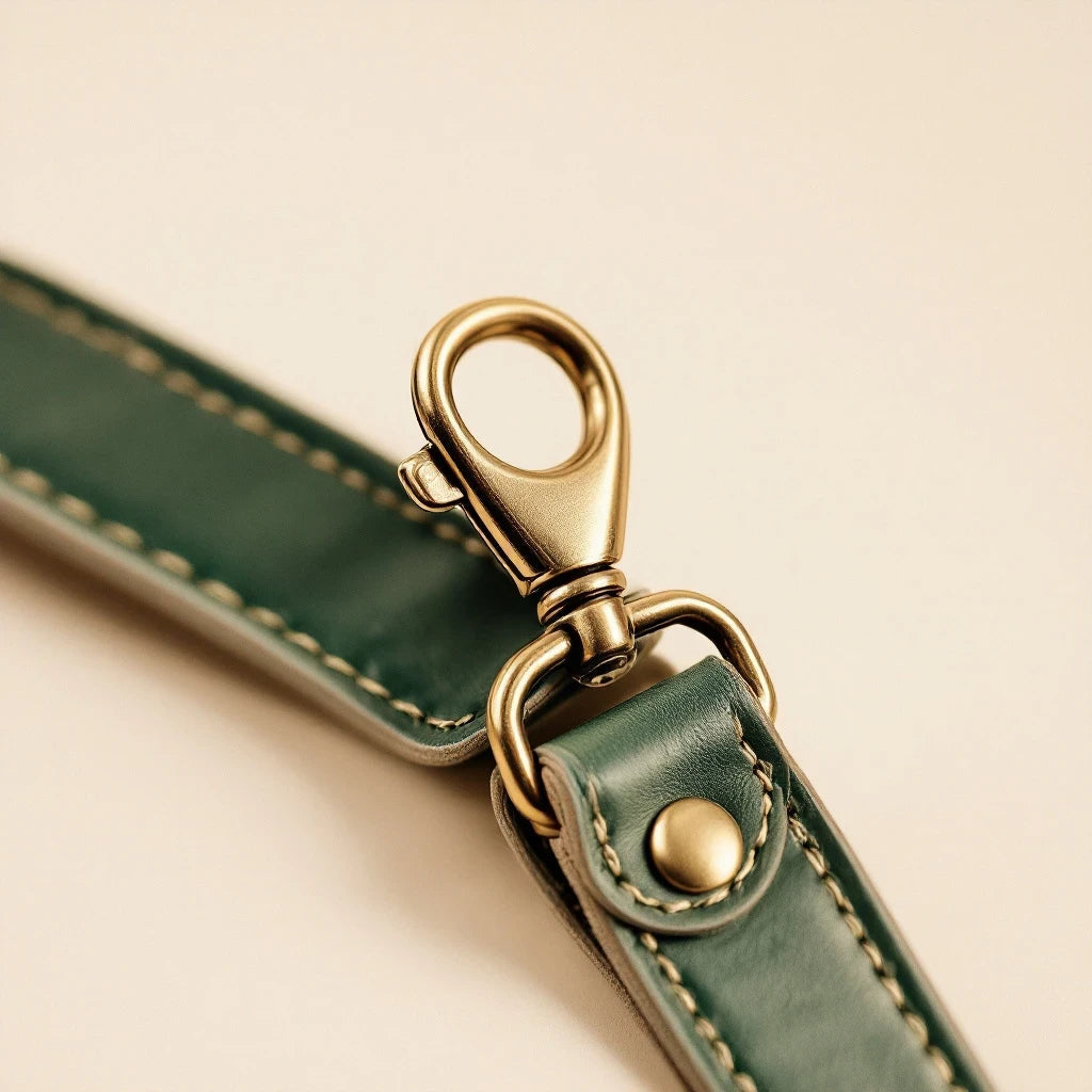 Close-up of the solid antique brass swivel snap hook on the Larkwell Wander Lead, saddle-stitched to deep forest green full-grain leather.