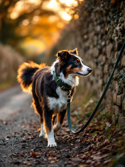 A border collie walking on a gravel country path on the Larkwell Wander Lead in deep forest green leather.